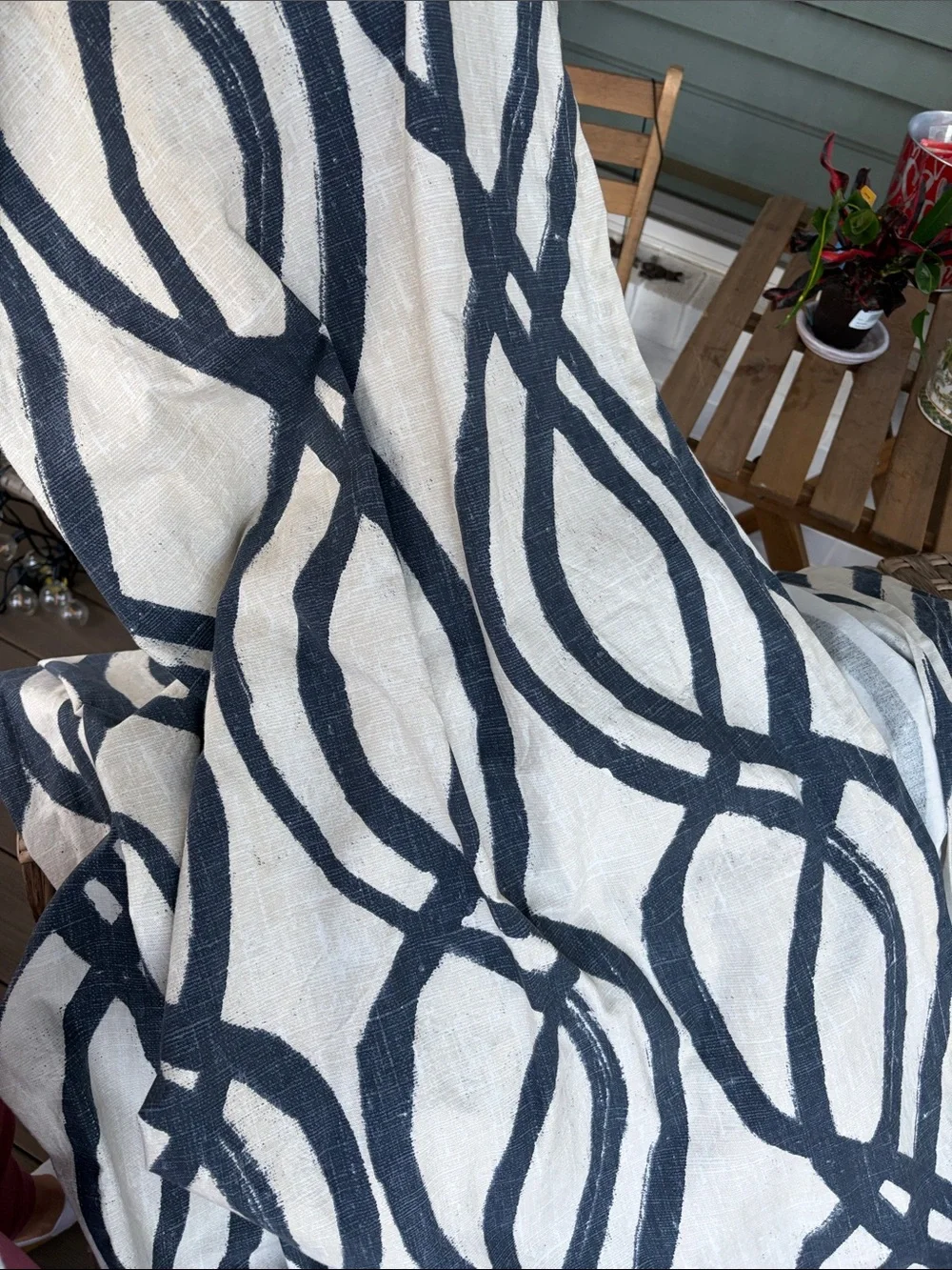 2 West Elm Black and Cream Cotton Curtain Panel with Abstract Print